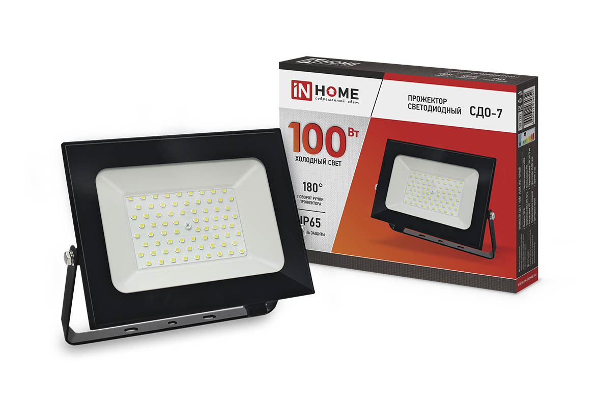 Прожектор светодиодный СДО-7 100Вт 230В 6500К IP65 черн. IN HOME