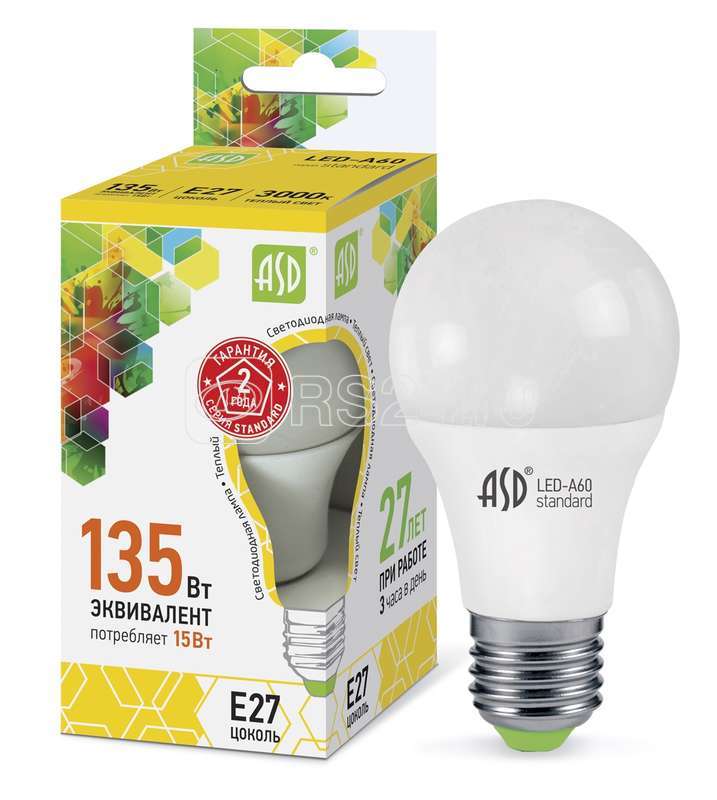 Лампа светодиодная LED-A60-standard 15Вт грушевидная 3000К бел. E27 1350лм 160-260В ASD