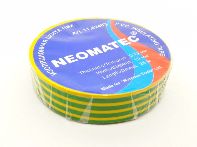 Изолента (25м х 19мм х 0,135мм) жёлто-зелёная NEOMATEC