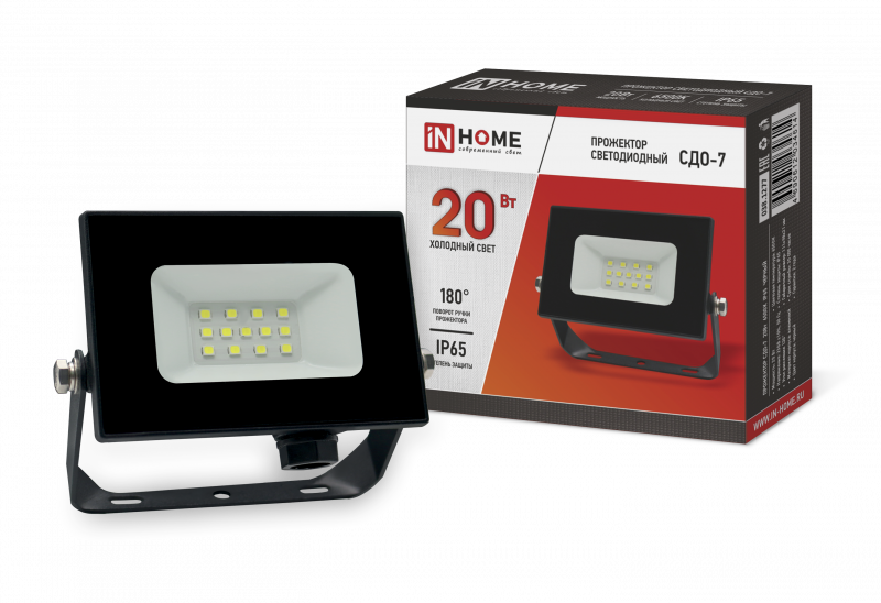 Прожектор светодиодный СДО-7 20Вт 230В 6500К IP65 черн. IN HOME