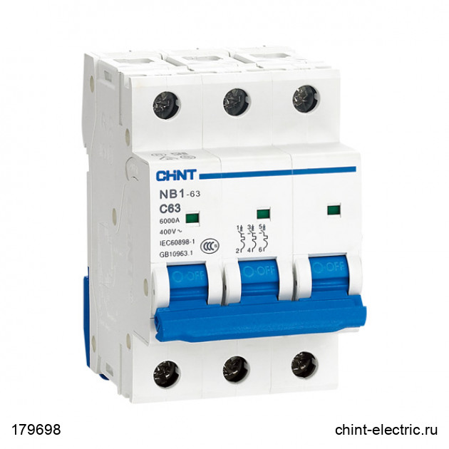 Выключатель автоматический модульный 3п D 63А 6кА NB1-63 (R) CHINT